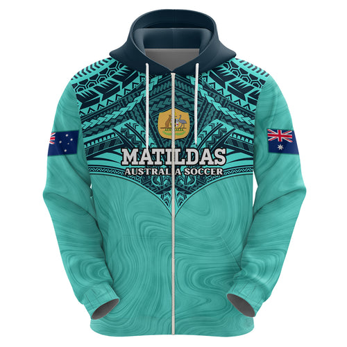 Custom Australia Matildas Zip Hoodie Polynesian Mix Turquoise Marble