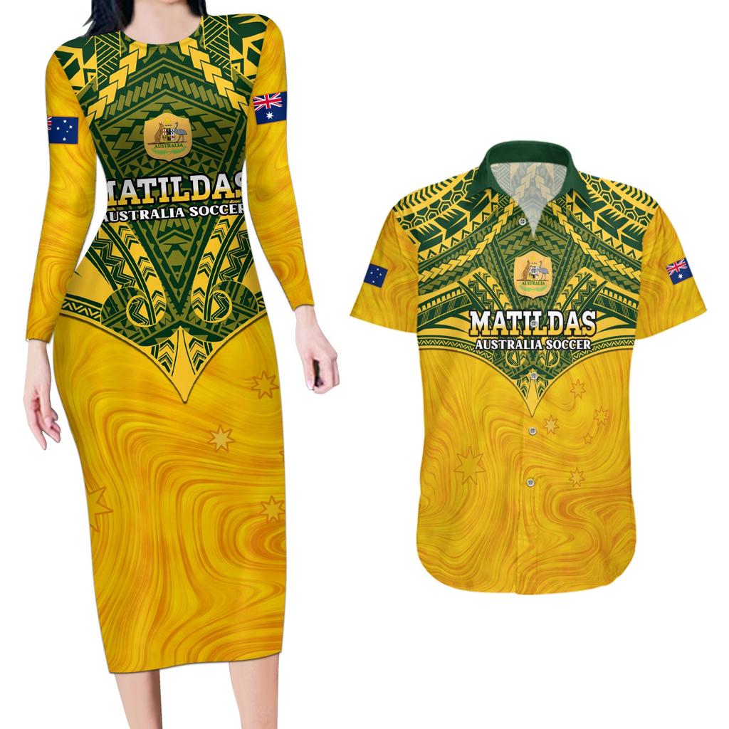 Custom Australia Matildas Couples Matching Long Sleeve Bodycon Dress and Hawaiian Shirt Polynesian Mix Gold Marble