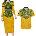 Custom Australia Matildas Couples Matching Long Sleeve Bodycon Dress and Hawaiian Shirt Polynesian Mix Gold Marble