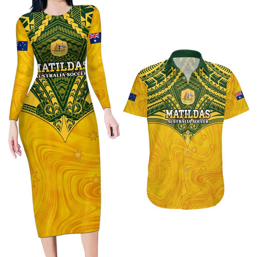Custom Australia Matildas Couples Matching Long Sleeve Bodycon Dress and Hawaiian Shirt Polynesian Mix Gold Marble