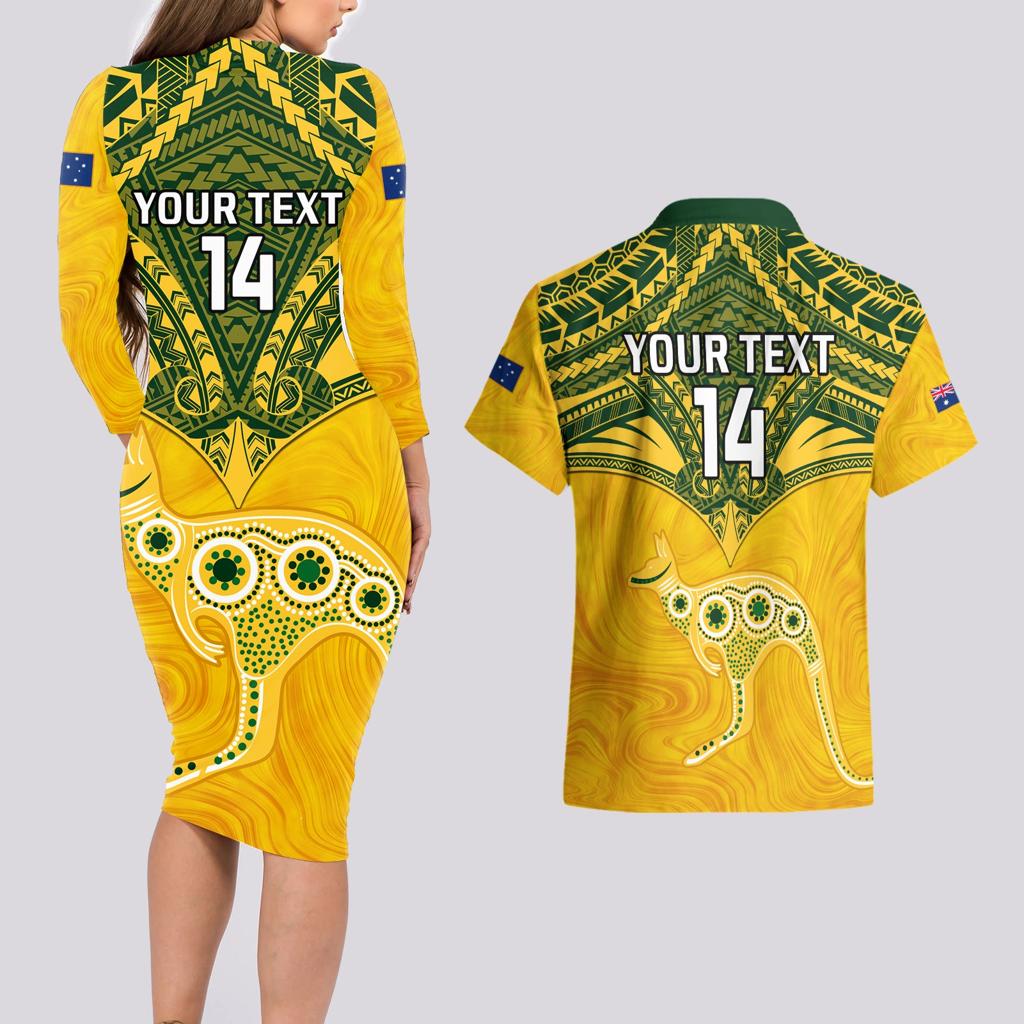 Custom Australia Matildas Couples Matching Long Sleeve Bodycon Dress and Hawaiian Shirt Polynesian Mix Gold Marble