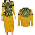 Custom Australia Matildas Couples Matching Long Sleeve Bodycon Dress and Long Sleeve Button Shirt Polynesian Mix Gold Marble