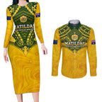 Custom Australia Matildas Couples Matching Long Sleeve Bodycon Dress and Long Sleeve Button Shirt Polynesian Mix Gold Marble