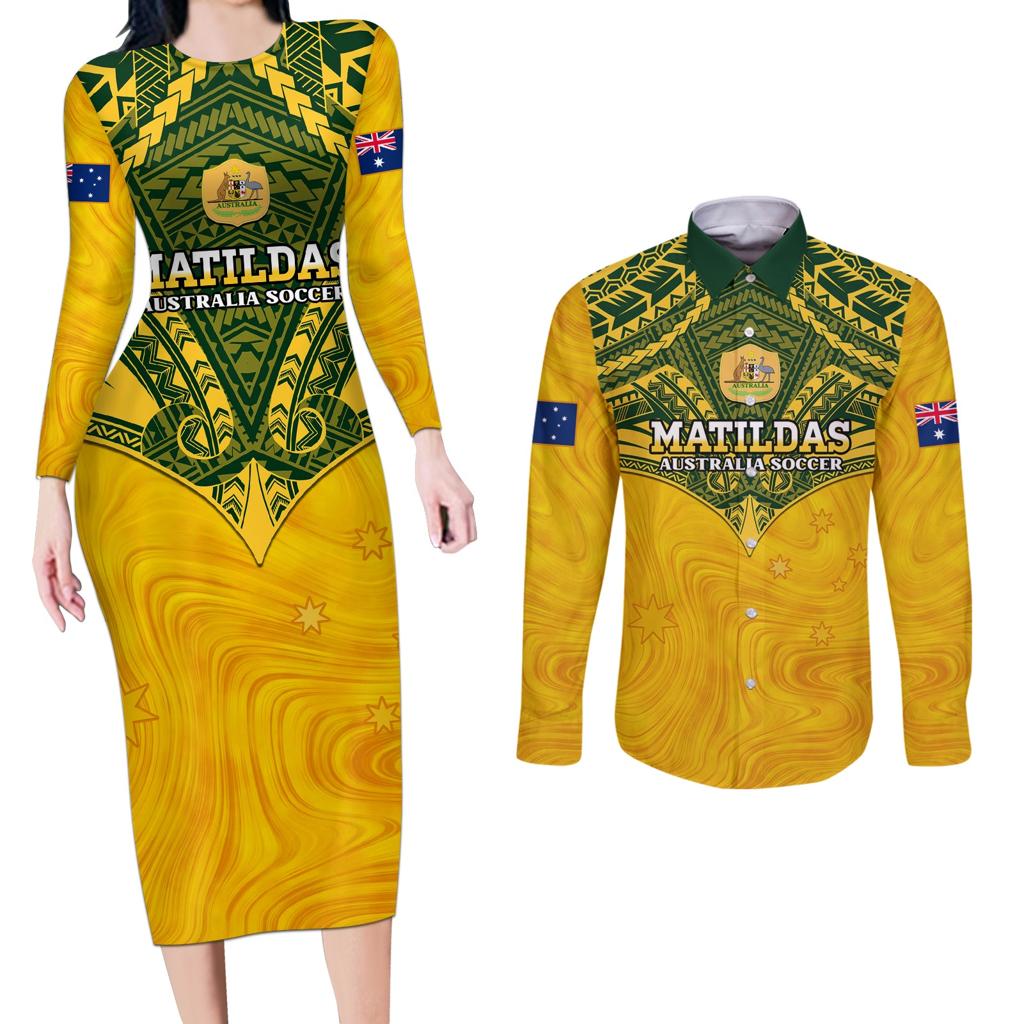 Custom Australia Matildas Couples Matching Long Sleeve Bodycon Dress and Long Sleeve Button Shirt Polynesian Mix Gold Marble