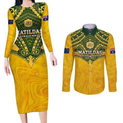 Custom Australia Matildas Couples Matching Long Sleeve Bodycon Dress and Long Sleeve Button Shirt Polynesian Mix Gold Marble