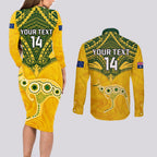 Custom Australia Matildas Couples Matching Long Sleeve Bodycon Dress and Long Sleeve Button Shirt Polynesian Mix Gold Marble