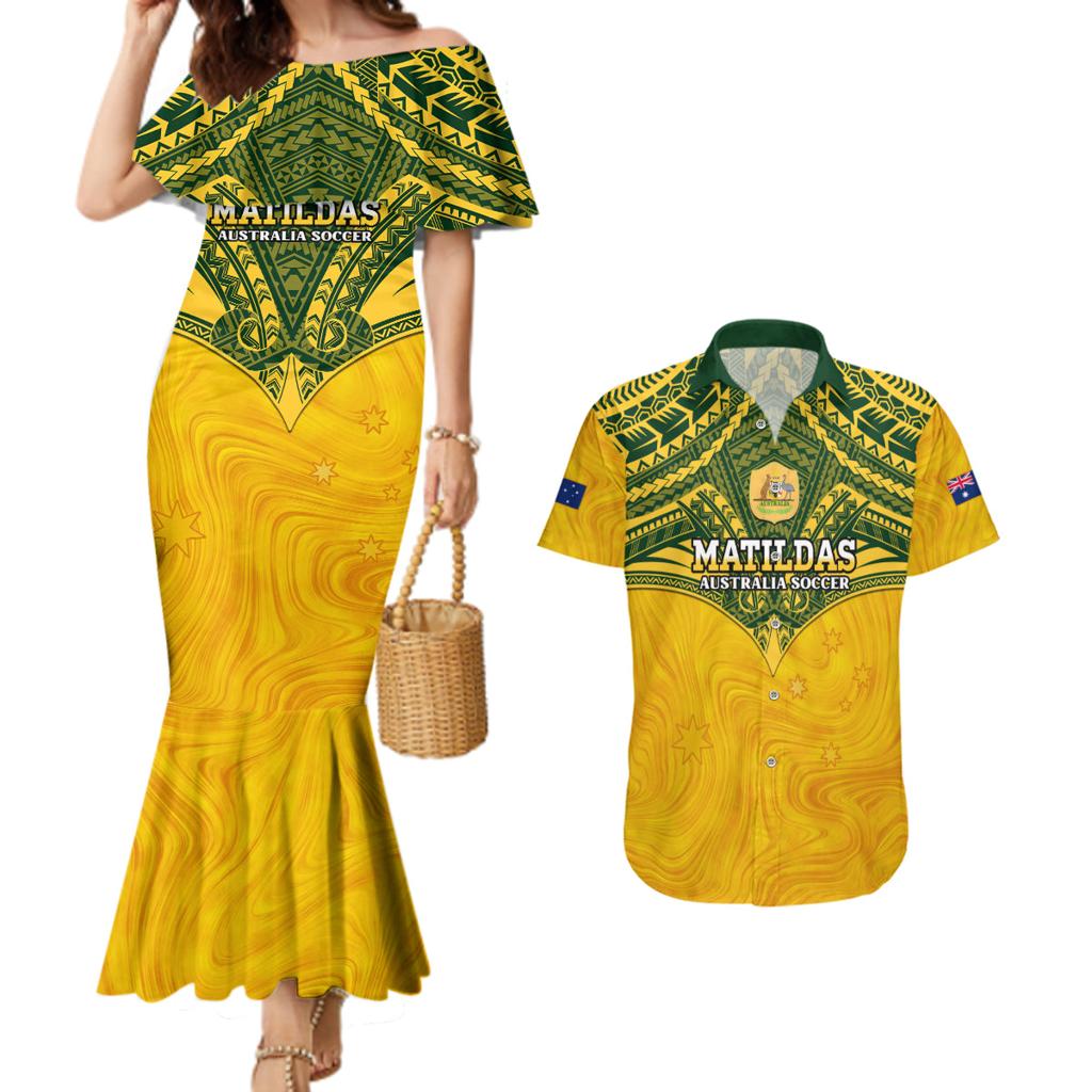 Custom Australia Matildas Couples Matching Mermaid Dress and Hawaiian Shirt Polynesian Mix Gold Marble