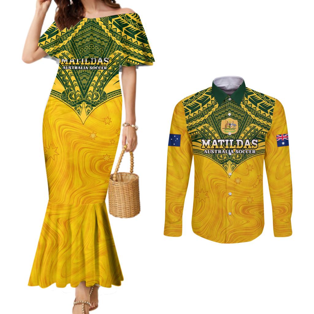Custom Australia Matildas Couples Matching Mermaid Dress and Long Sleeve Button Shirt Polynesian Mix Gold Marble