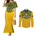 Custom Australia Matildas Couples Matching Mermaid Dress and Long Sleeve Button Shirt Polynesian Mix Gold Marble