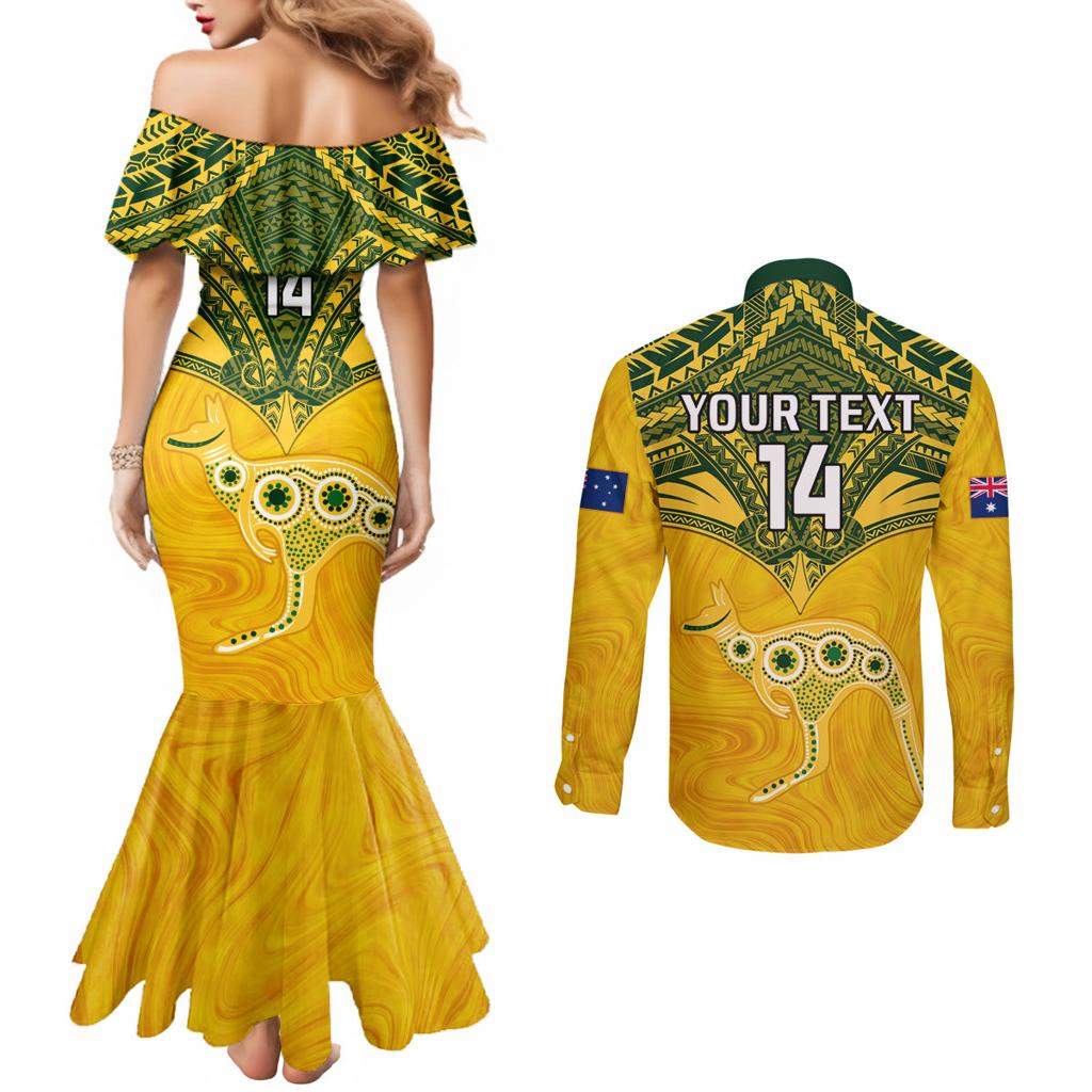 Custom Australia Matildas Couples Matching Mermaid Dress and Long Sleeve Button Shirt Polynesian Mix Gold Marble