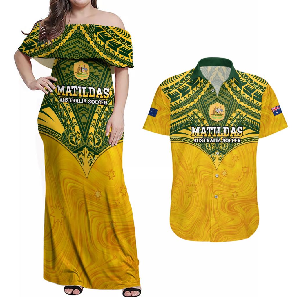 Custom Australia Matildas Couples Matching Off Shoulder Maxi Dress and Hawaiian Shirt Polynesian Mix Gold Marble