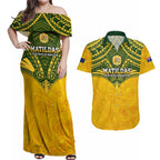 Custom Australia Matildas Couples Matching Off Shoulder Maxi Dress and Hawaiian Shirt Polynesian Mix Gold Marble