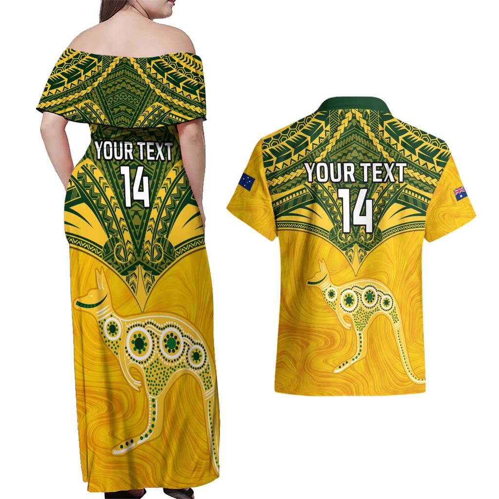 Custom Australia Matildas Couples Matching Off Shoulder Maxi Dress and Hawaiian Shirt Polynesian Mix Gold Marble