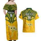Custom Australia Matildas Couples Matching Off Shoulder Maxi Dress and Hawaiian Shirt Polynesian Mix Gold Marble