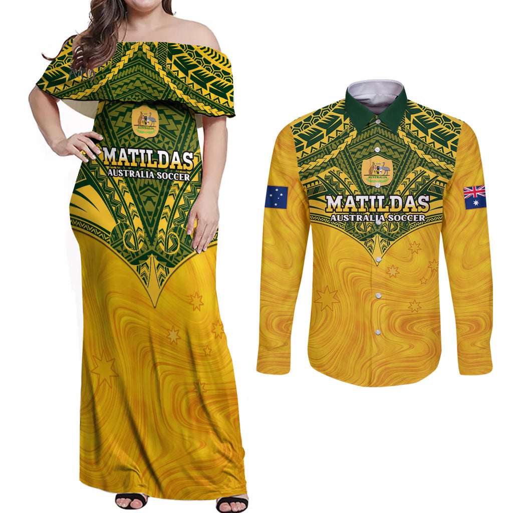 Custom Australia Matildas Couples Matching Off Shoulder Maxi Dress and Long Sleeve Button Shirt Polynesian Mix Gold Marble