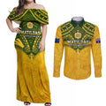 Custom Australia Matildas Couples Matching Off Shoulder Maxi Dress and Long Sleeve Button Shirt Polynesian Mix Gold Marble