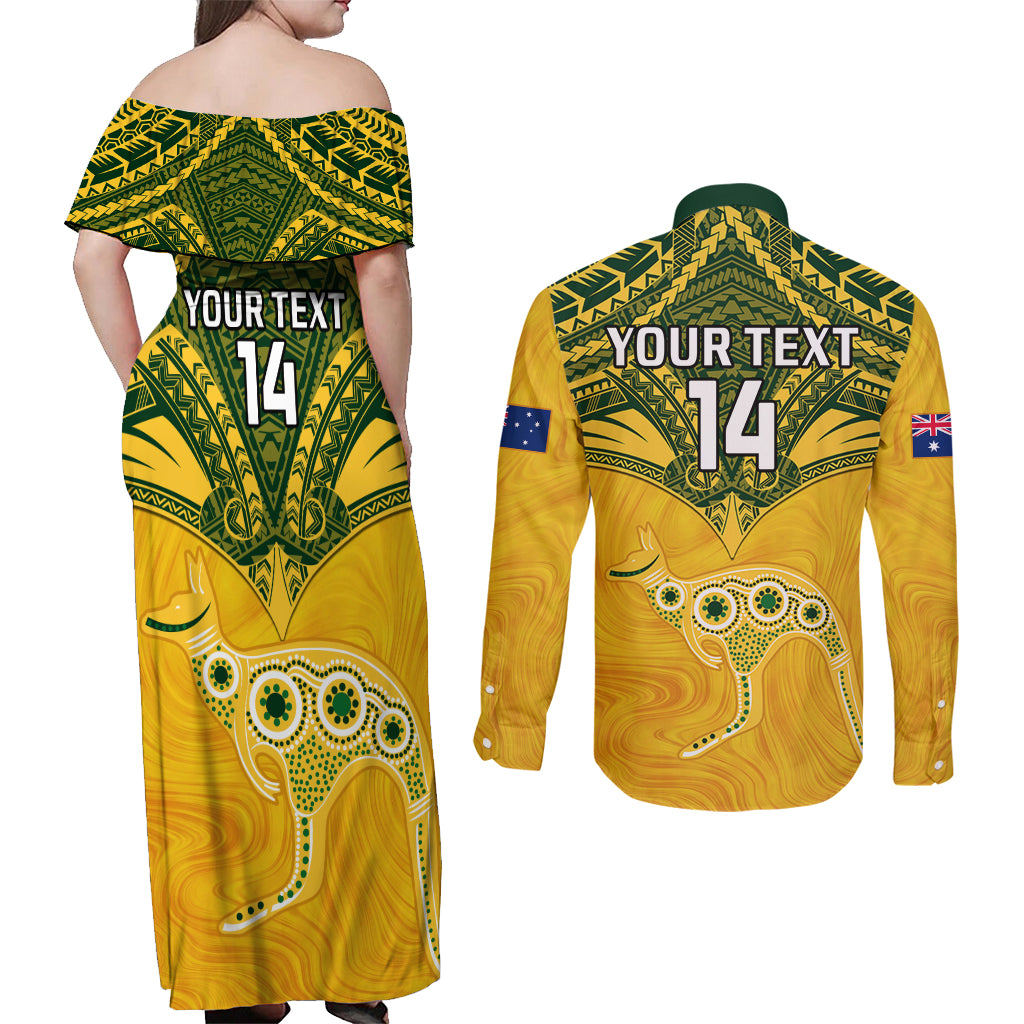 Custom Australia Matildas Couples Matching Off Shoulder Maxi Dress and Long Sleeve Button Shirt Polynesian Mix Gold Marble