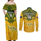 Custom Australia Matildas Couples Matching Off Shoulder Maxi Dress and Long Sleeve Button Shirt Polynesian Mix Gold Marble