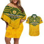 Custom Australia Matildas Couples Matching Off Shoulder Short Dress and Hawaiian Shirt Polynesian Mix Gold Marble