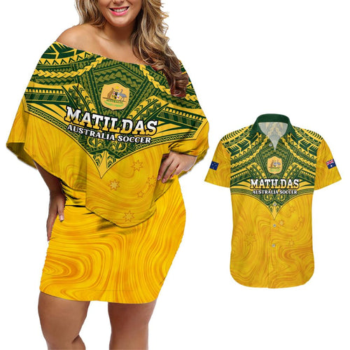 Custom Australia Matildas Couples Matching Off Shoulder Short Dress and Hawaiian Shirt Polynesian Mix Gold Marble