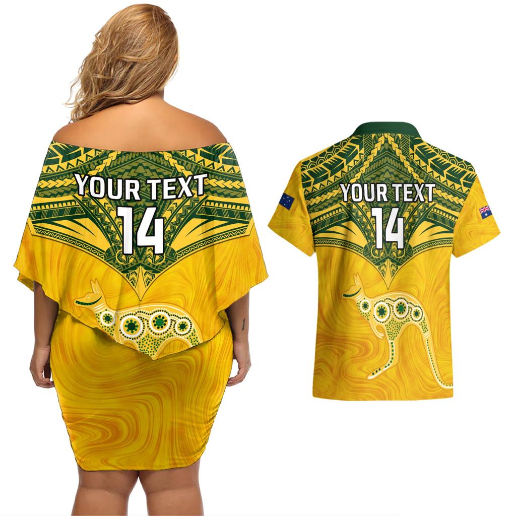 Custom Australia Matildas Couples Matching Off Shoulder Short Dress and Hawaiian Shirt Polynesian Mix Gold Marble