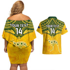 Custom Australia Matildas Couples Matching Off Shoulder Short Dress and Hawaiian Shirt Polynesian Mix Gold Marble