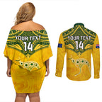 Custom Australia Matildas Couples Matching Off Shoulder Short Dress and Long Sleeve Button Shirt Polynesian Mix Gold Marble