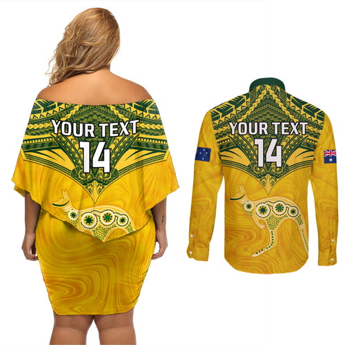 Custom Australia Matildas Couples Matching Off Shoulder Short Dress and Long Sleeve Button Shirt Polynesian Mix Gold Marble