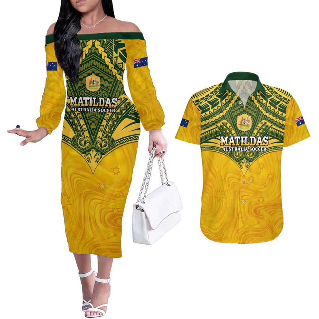 Custom Australia Matildas Couples Matching Off The Shoulder Long Sleeve Dress and Hawaiian Shirt Polynesian Mix Gold Marble