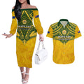 Custom Australia Matildas Couples Matching Off The Shoulder Long Sleeve Dress and Hawaiian Shirt Polynesian Mix Gold Marble