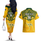 Custom Australia Matildas Couples Matching Off The Shoulder Long Sleeve Dress and Hawaiian Shirt Polynesian Mix Gold Marble