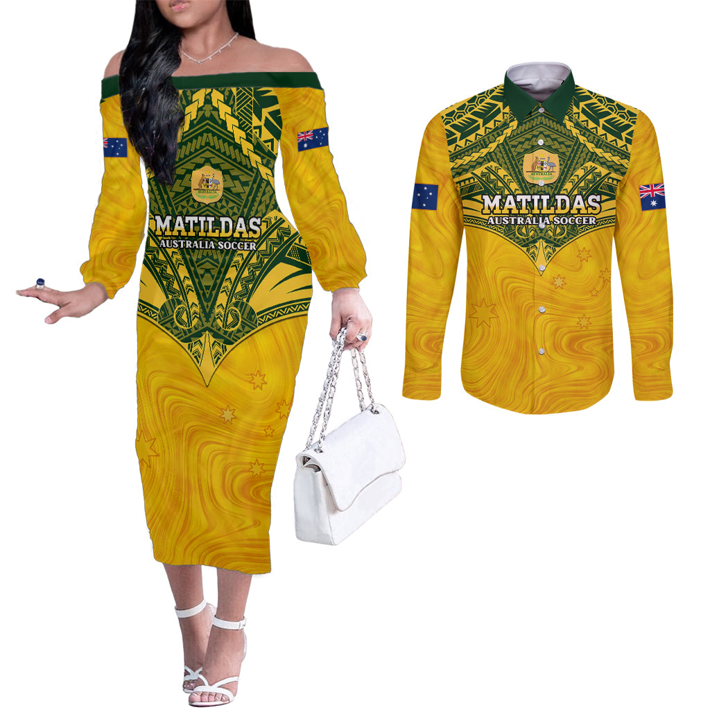 Custom Australia Matildas Couples Matching Off The Shoulder Long Sleeve Dress and Long Sleeve Button Shirt Polynesian Mix Gold Marble