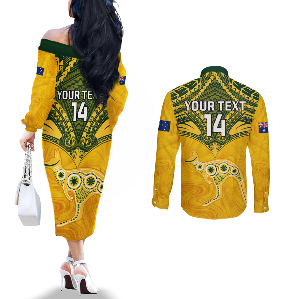 Custom Australia Matildas Couples Matching Off The Shoulder Long Sleeve Dress and Long Sleeve Button Shirt Polynesian Mix Gold Marble