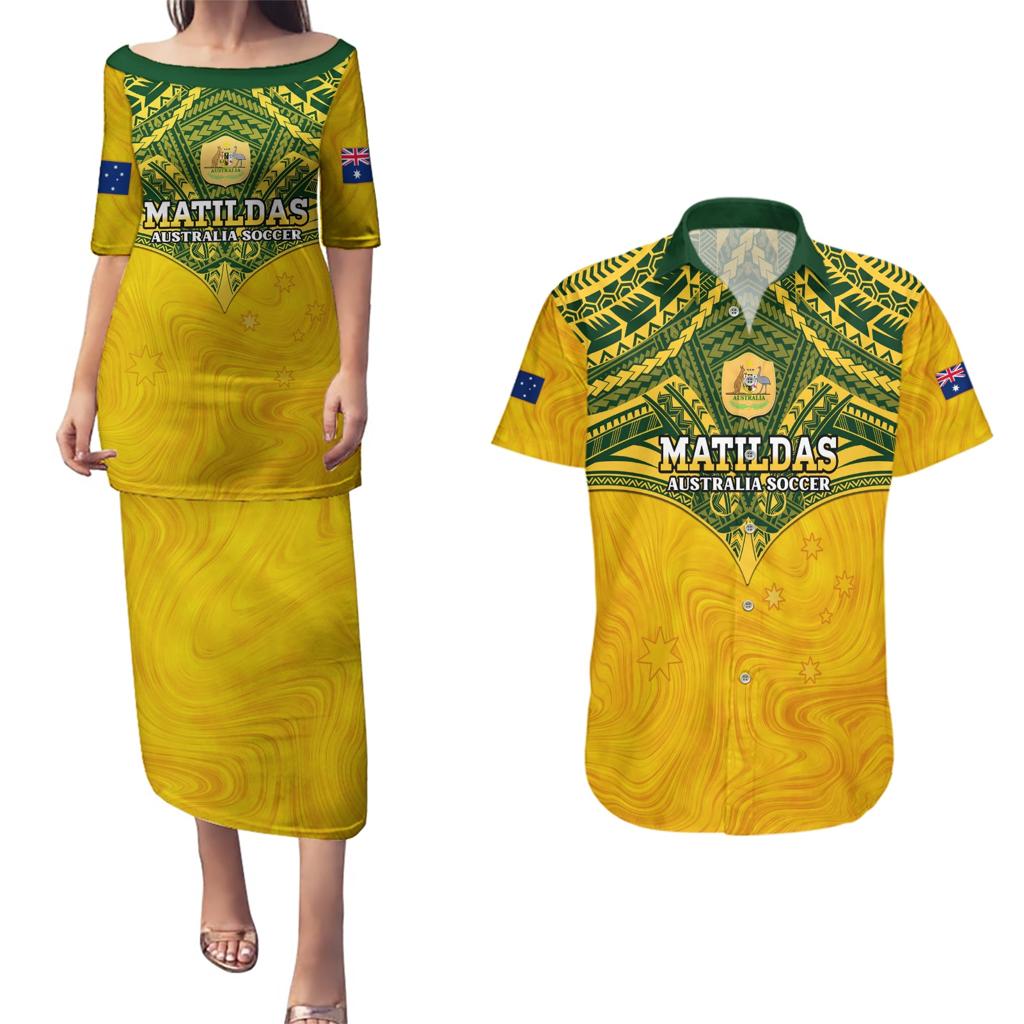 Custom Australia Matildas Couples Matching Puletasi and Hawaiian Shirt Polynesian Mix Gold Marble