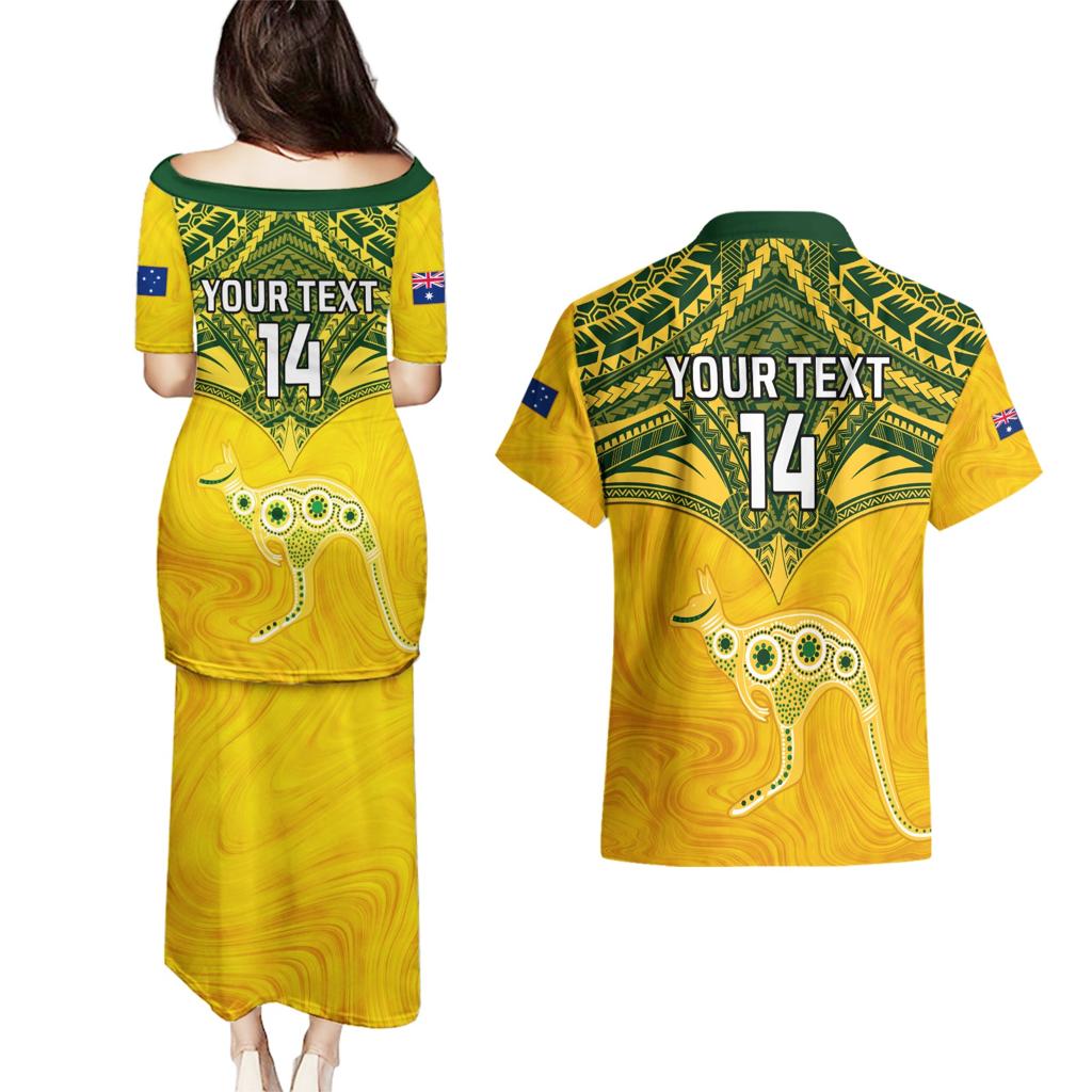 Custom Australia Matildas Couples Matching Puletasi and Hawaiian Shirt Polynesian Mix Gold Marble
