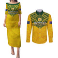 Custom Australia Matildas Couples Matching Puletasi and Long Sleeve Button Shirt Polynesian Mix Gold Marble