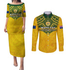 Custom Australia Matildas Couples Matching Puletasi and Long Sleeve Button Shirt Polynesian Mix Gold Marble