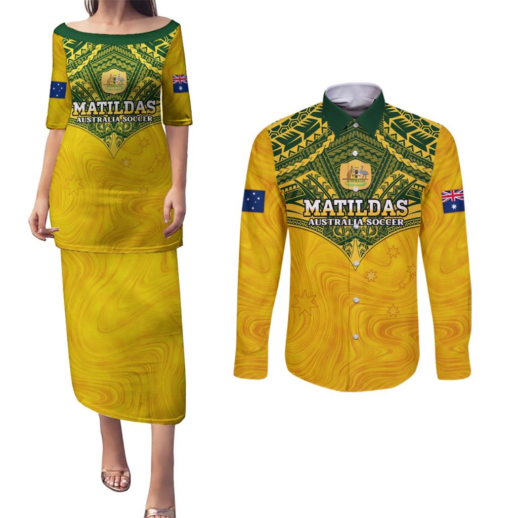 Custom Australia Matildas Couples Matching Puletasi and Long Sleeve Button Shirt Polynesian Mix Gold Marble