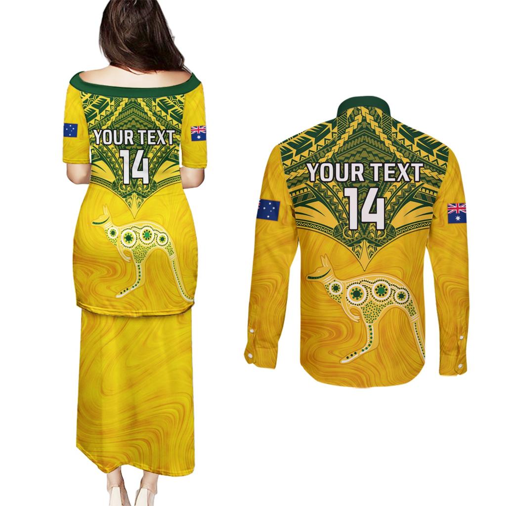 Custom Australia Matildas Couples Matching Puletasi and Long Sleeve Button Shirt Polynesian Mix Gold Marble