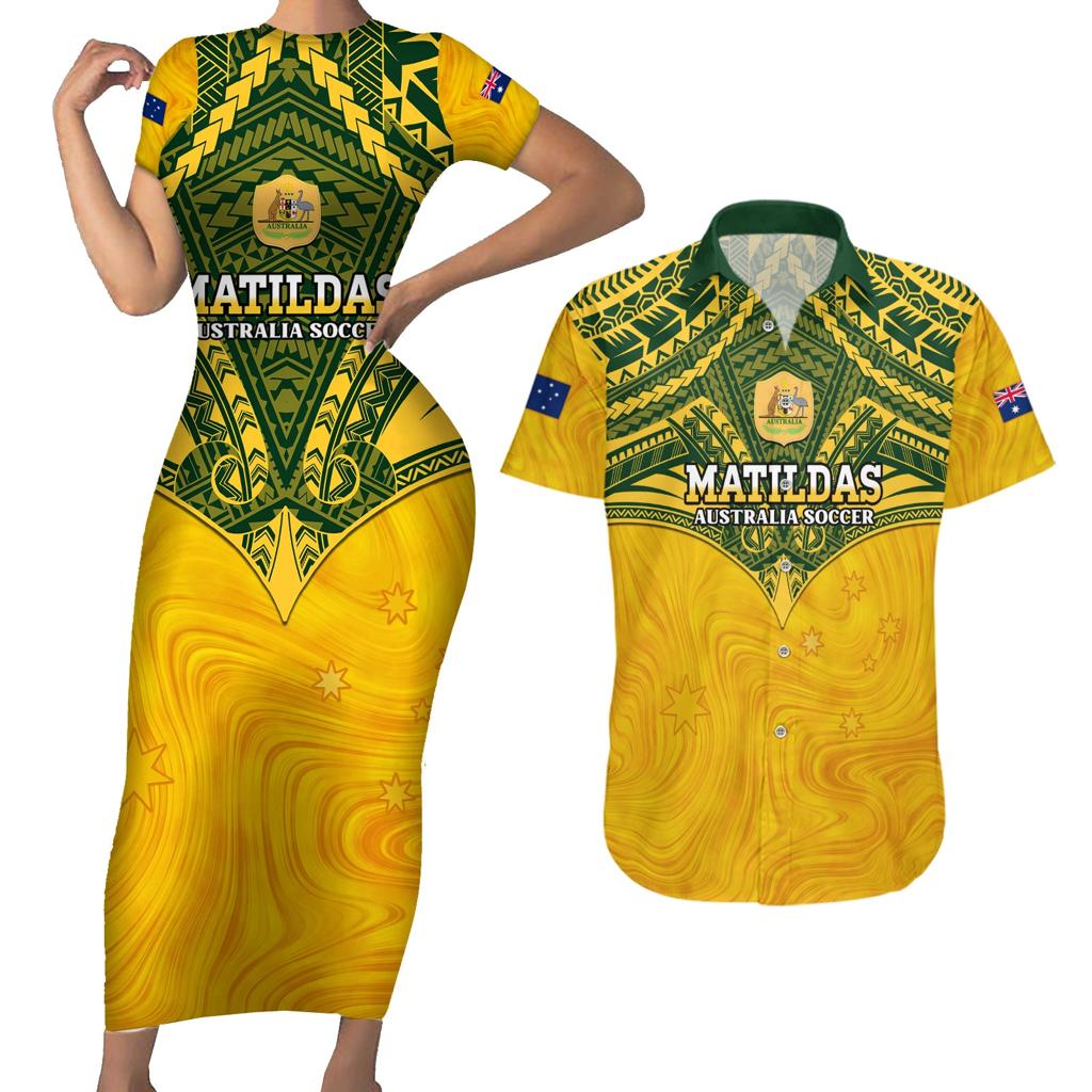 Custom Australia Matildas Couples Matching Short Sleeve Bodycon Dress and Hawaiian Shirt Polynesian Mix Gold Marble