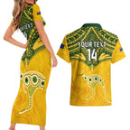 Custom Australia Matildas Couples Matching Short Sleeve Bodycon Dress and Hawaiian Shirt Polynesian Mix Gold Marble