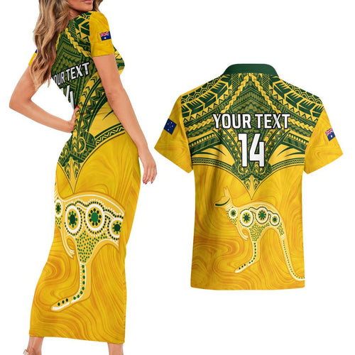 Custom Australia Matildas Couples Matching Short Sleeve Bodycon Dress and Hawaiian Shirt Polynesian Mix Gold Marble