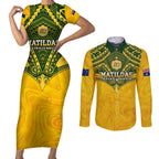 Custom Australia Matildas Couples Matching Short Sleeve Bodycon Dress and Long Sleeve Button Shirt Polynesian Mix Gold Marble