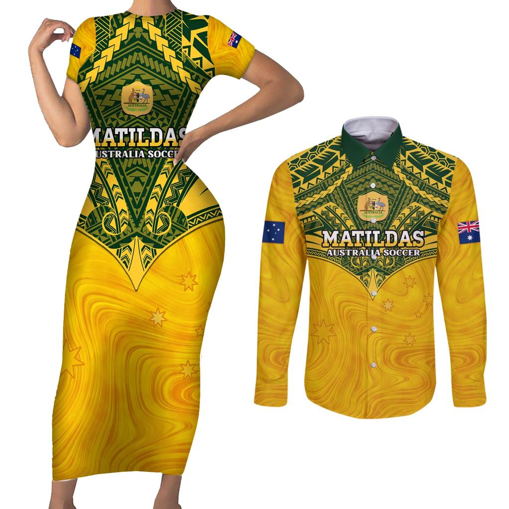 Custom Australia Matildas Couples Matching Short Sleeve Bodycon Dress and Long Sleeve Button Shirt Polynesian Mix Gold Marble