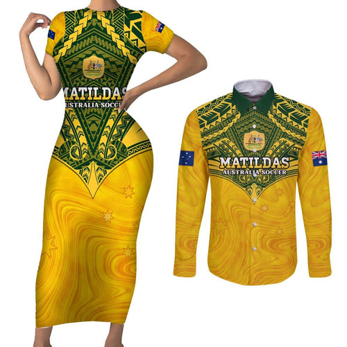 Custom Australia Matildas Couples Matching Short Sleeve Bodycon Dress and Long Sleeve Button Shirt Polynesian Mix Gold Marble