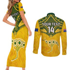 Custom Australia Matildas Couples Matching Short Sleeve Bodycon Dress and Long Sleeve Button Shirt Polynesian Mix Gold Marble