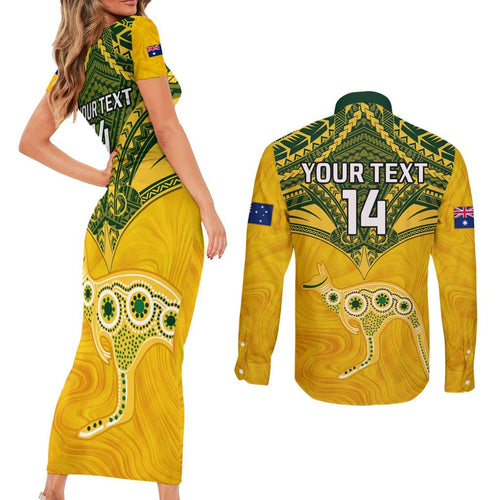 Custom Australia Matildas Couples Matching Short Sleeve Bodycon Dress and Long Sleeve Button Shirt Polynesian Mix Gold Marble