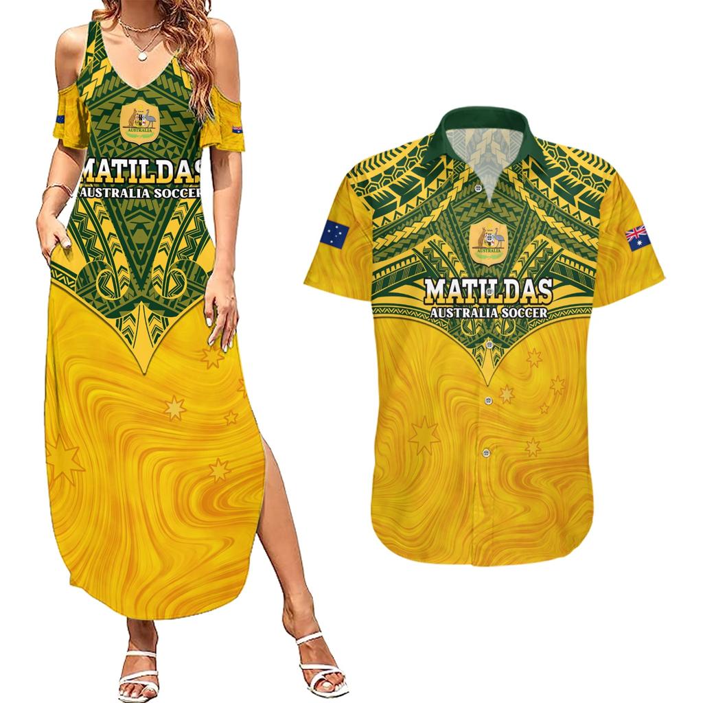 Custom Australia Matildas Couples Matching Summer Maxi Dress and Hawaiian Shirt Polynesian Mix Gold Marble