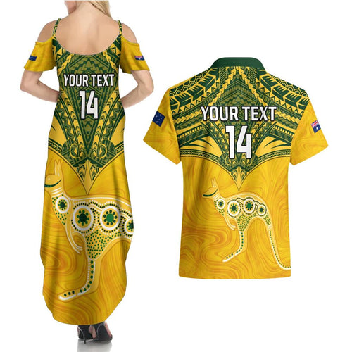Custom Australia Matildas Couples Matching Summer Maxi Dress and Hawaiian Shirt Polynesian Mix Gold Marble