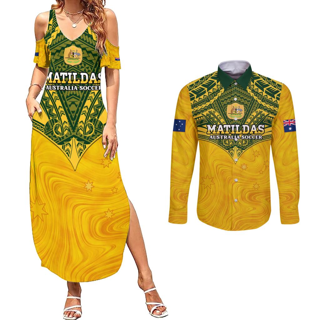 Custom Australia Matildas Couples Matching Summer Maxi Dress and Long Sleeve Button Shirt Polynesian Mix Gold Marble